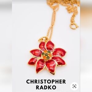 Vintage Christopher Radko Poinsettia Jeweled Red Enamel Gold Necklace Earrings